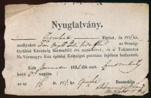 Gyarmat 1813. "Nyugtató-Levél" 20K-ról 170 könnyűlovas kifizetéséről vízjeles papíron + 1835. "Nyugtatvány" napi bér és középítési költségek kifizetéséről T:II,II-