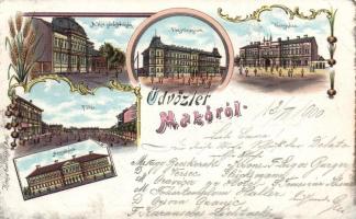 Makó járásbíróság, főgimnázium, Fő tér, városháza és megyeháza, litho (EK)