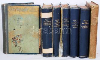 7db May Károly kötet: Az olajkirály; A szkipetárok földjén; Az Ezüsttó kincse; A Balkánon; A rabszolgakaraván; Karácsony; Bagdadtól Sztambulig. Bp., 1908-1918, Athenaeum. Félvászon kötésben, kissé megviselt állapotban, egy-két kötet újrakötve