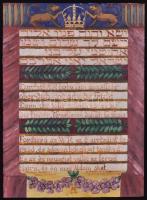 Idézett, házi áldás héberül, németül, magyarul. Kézzel festett, olaj, farost lemez, jelzett, 42×30 cm / House blessing in three language