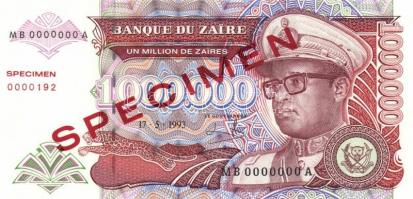 Zaire 1985. 500Z "SPECIMEN" felülnyomással + 1993. 1.000.000Z "SPECIMEN" felülny...