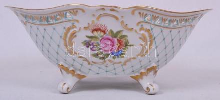 Hollóházi áttört kínáló kosár, kézzel festett, hibátlan, jelzett, m: 10 cm, h:25 cm