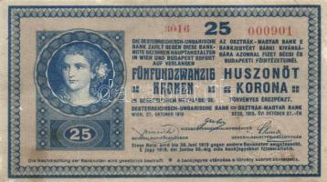 1918. 25K "3016" sima hátlap, "Szegedi Kézműves Bank" szárazpecséttel T:III