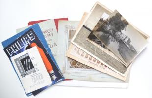 cca 1940 vegyes nyomtatványtétel: kiállítás-meghívók, plakátok, szórólapok, prospektusok, 2db ceruza-, ill. tollrajz, 5db érdekes témájú fotó