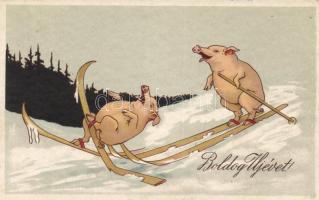 New Year skiing pigs litho