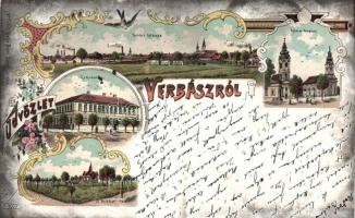 Verbász calvinist and evangelical church, grammar school, park, litho (fa)