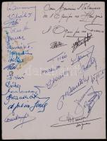 1957 Francia-magyar futball utánpótlás-mérkőzés díszvacsorájának menükártyája a két csapat tagjainak aláírásaival