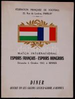 1957 Francia-magyar futball utánpótlás-mérkőzés díszvacsorájának menükártyája a két csapat tagjainak...