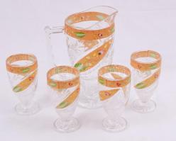 Kiöntő 4 db pohárral, matricás díszítéssel, hibátlan, kiöntő:22 cm, pohár:13 cm