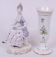 Hollóházi kis tétel: Kottát olvasó udvar hölgy, virágos váza, jelzettek, hibátlanok, m:21,23 cm/ Hollohaza porcelain figure and vase