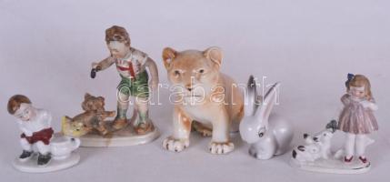 5 db porcelán figura, kisfiú a kutyával javított a többi hibátlan, nyuszi, tigris jelzett / Animals, porcelain figures, boy with dog cracked