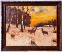 Zombory Jenő: Őzek. Olaj, farost, jelzett, keretben 38×47 cm