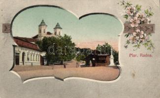 Máriaradna with church, floral litho (gluemark) (EB)