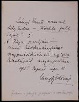 1925 Márffy Ödönné Csinszka Ady Endre két megzenésített versének egyszeri kiadását engedélyező, [ifj.] Lányi Ernőnek címzett saját kézzel írt nyilatkozata aláírásával