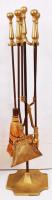 Sárgaréz kandallószett: kis lapát, kaparó, kis seprű, fa-parázs fogó, m:88 cm, s:8 kg / Fireplace set, copper