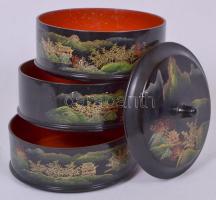 Japán három rekeszes teafű? tartó, kézzel festett tájképekkel, műanyag, m:15 cm, d:12 cm