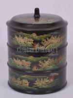 Japán három rekeszes teafű? tartó, kézzel festett tájképekkel, műanyag, m:15 cm, d:12 cm