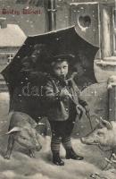 New Year pipe smoking boy with pigs