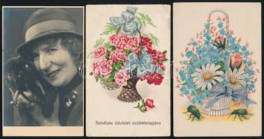 23 db régi, vegyes témájú motívumlap: üdvözlőlapok, hölgyeket, gyerekeket ábrázoló motívumlapok, festményreprodukciók, egy művészlap, köztük több litho