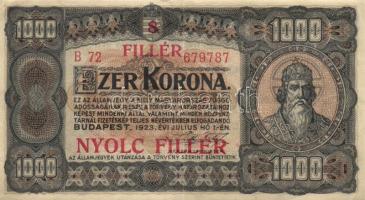 1923. 1000K T.W. nyomdahely jelöléssel és "8 FILLÉR - NYOLC FILLÉR" felülnyomással T:III
