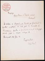 1907 Szép Ernő autográf, aláírt levele Bárd Ferenc és Testvérének, melyben a mellékelt dalszövegfordításáért járó honoráriumot kéri ki