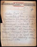 1924 Szirmai Albert (1880-1967) zeneszerző Bárd Ferenc és Fiának címzett levele honorárium ügyében