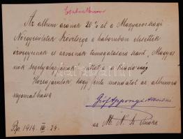 1914 Gróf Apponyi Albertné a Magyarországi Nőegyesületek Szövetségének elnökeként tett nyilatkozata saját kezű aláírásával, feltehetően a Bárd Ferenc és Testvére Zeneműkiadónak címezve, I. világháborús özvegyek és árvák segélyezésének ügyében