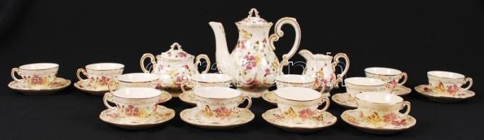 Zsolnay pillangó mintás mokkás 12 személyes készlet, kézzel festett, hibátlan, jelzett / Zsolnay cof...