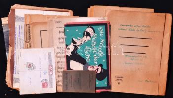 cca 1900-1940 Vegyes nyomtatványtétel a Bárd Ferenc és Testvére Zeneműkereskedés hagyatékából: litografált címlapok, kották, plakátok, kéz- és gépiratos dalszövegek, prospektusok, újságrészletek stb.