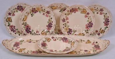 Zsolnay pillangó mintás süteményes készlet, kézzel festett, jelzett, összesen: 7db / Zsolnay cake set