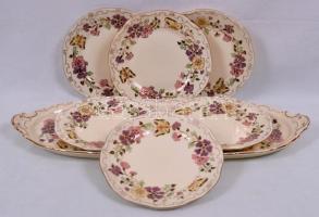 Zsolnay pillangó mintás süteményes készlet, kézzel festett, jelzett, összesen: 7db / Zsolnay cake se...