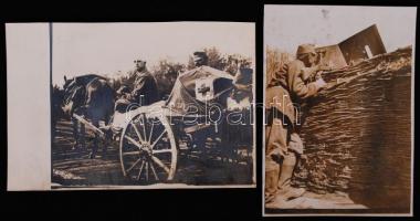 1916 2 db fotó: mesterlövész a lövészárokban, sebesült szállítása, 10×7 cm, 13×8 cm