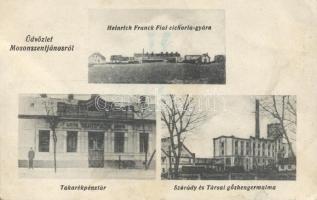 Jánossomorja - Mosonszentjános Heinrich Franck Fiai cikória gyára, Szórády és Társai gőzhengermalma, takarékpénztár (ragasztónyom / gluemark) (fa)