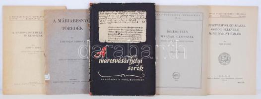 5 db nyelvemlékezettel kapcsolatos könyv: A marosvásárhelyi sorok. A marosvásárhelyi sorok és glosszák. A vészprémvölgyi apácák görög oklevele mint nyelvi emlék. Ismeretlen magyar glosszák. A máriabesnyői töredék