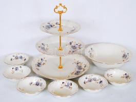 Zsolnay kék búzavirág mintás kompótos készlet, kézzel festett, jelzett, összesen: 8db (a nagy tányéron apró lepattogzás) / Stewed fruit set (one plate with minor fault)