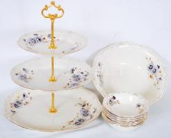 Zsolnay kék búzavirág mintás kompótos készlet, kézzel festett, jelzett, összesen: 8db (a nagy tányér...