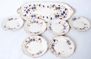 Zsolnay kék búzavirág mintás süteményes készlet, kézzel festett, hibátlan, jelzett, összesen 7db /Cake set in flawless condition