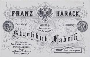 1876 Budapest V. Harack Ferenc szalmakalapboltjának reklámkártyája