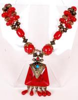 Nagyméretű nyaklánc piros és bronz színű gyöngyökkel, 60cm