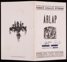 cca 1930 Kiskunfélegyháza Fürdő szálló étterme étlap
