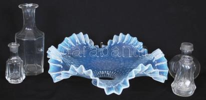 Kis üvegtétel: 4db régi üvegcse és egy lámpabura /  4 little vintage glass bottles and a lamp shade, d: 23cm, 8-16cm