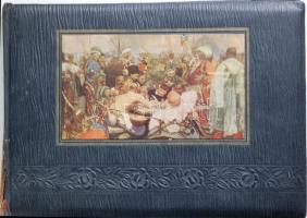 Szép, ~80 férőhelyes orosz képeslap album, a borítón Ilya Repin festménye (A zaporozsjei kozákok levele IV. Mohamednek), gerincén szakadás; Beleragasztva főleg művészlapok, festmény reprodukciók