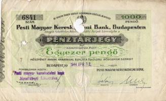 1944. Pesti Magyar Kereskedelmi Bank/ pénztárjegy 1000P T:II/III lyukasztással érvénytelenítve