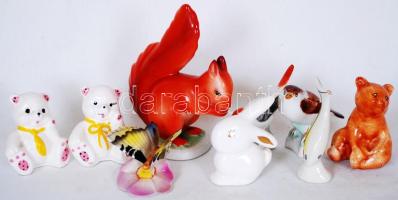 Porcelán állat figurák, összesen: 9 db, jelzettek, pillangó, hal sérült, kézzel festettek, m:6-14 cm