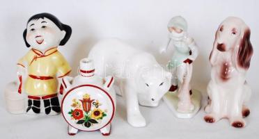 Porcelán  figurák és egy mini kulacs összesen: 6 db, jelzettek, hibátlanok, kézzel festettek, m:6-14 cm