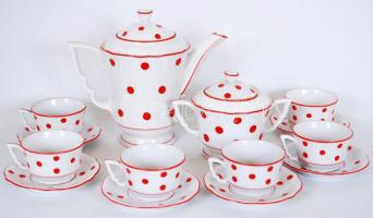 6 személyes komplett piros pöttyös Zsolnay porcelán kávéskészlet csésze, alj, kávés, tejes-kiöntő / Full 6 person Zsolnay chinaware coffe-set