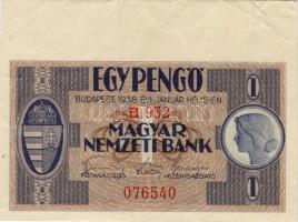 1938. 1P 16mm felső ívszéllel, nyomdai töréssel T:II