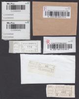 3 db rosszul beállított postai gépi bélyegzés + 2 db (E és R) ragjegy + 2 db Mini Pakk ragjegy