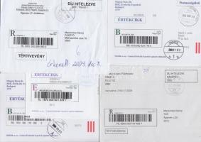 3 db postaszolgálati kísérőlevél értékcikkekről B és E ragjeggyel + 2 db feketenyomatú ragjegy tértivevényes borítékon