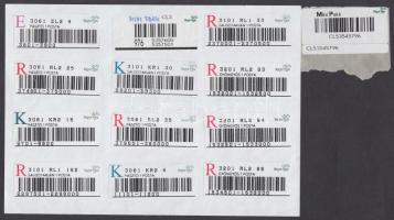 Papírlapra felragasztott klf (K, R, Mini Pakk jelölés nélküli) öntapadós ragjegyek lezárói (13 db)